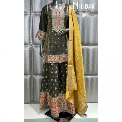 Mehandi Green and Yellow Flared Lamé Silk Palazzo Suit