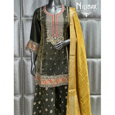 Mehandi Green and Yellow Flared Lamé Silk Palazzo Suit