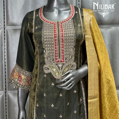 Mehandi Green and Yellow Flared Lamé Silk Palazzo Suit