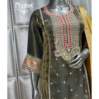 Mehandi Green and Yellow Flared Lamé Silk Palazzo Suit