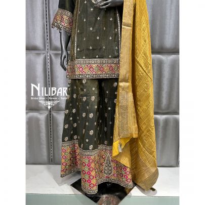 Mehandi Green and Yellow Flared Lamé Silk Palazzo Suit