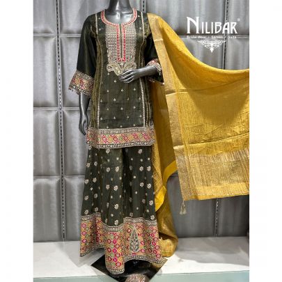 Mehandi Green and Yellow Flared Lamé Silk Palazzo Suit