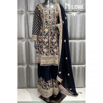 Dark Blue Flared Palazzo With Short Chinon Anarkali Suit