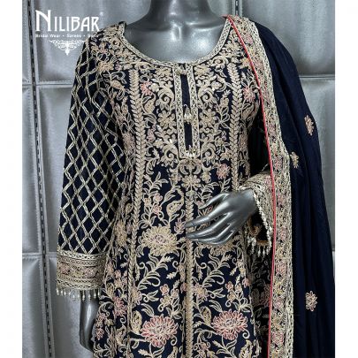 Dark Blue Flared Palazzo With Short Chinon Anarkali Suit
