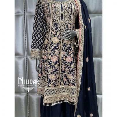 Dark Blue Flared Palazzo With Short Chinon Anarkali Suit