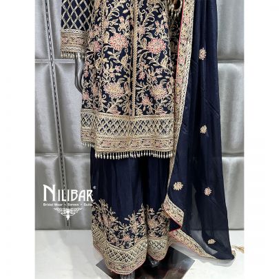 Dark Blue Flared Palazzo With Short Chinon Anarkali Suit