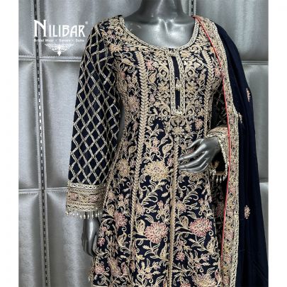 Dark Blue Flared Palazzo With Short Chinon Anarkali Suit