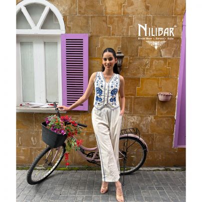 Ivory & Teal Blue Linen Top Paired With Straight Pants