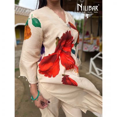 Ivory Modal Cotton Printed Top Paired With Loose Pants