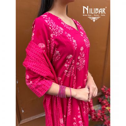Hot Pink Cotton Angrakha Shirt Paired With Loose Palazzo & Dupatta