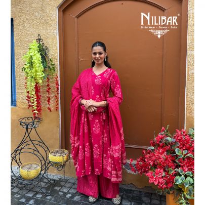 Hot Pink Cotton Angrakha Shirt Paired With Loose Palazzo & Dupatta