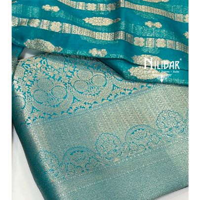 Peacock Blue Banarasi Unstitched Suit