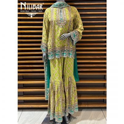 Parrot Green Crepe Printed Garara Suit Set