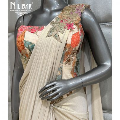 Cream Printed Saree Paired With Silk Blouse and Lycra Drape