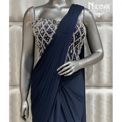 Deep Blue Saree Paired With Net Blouse and Lycra Drape