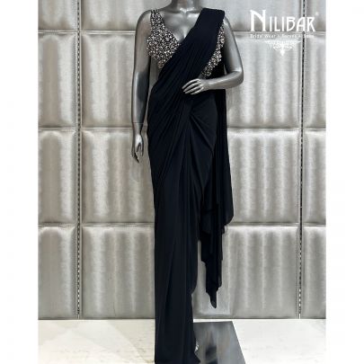 Black Saree Paired With Net Blouse and Lycra Drape