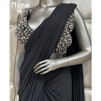 Black Saree Paired With Net Blouse and Lycra Drape