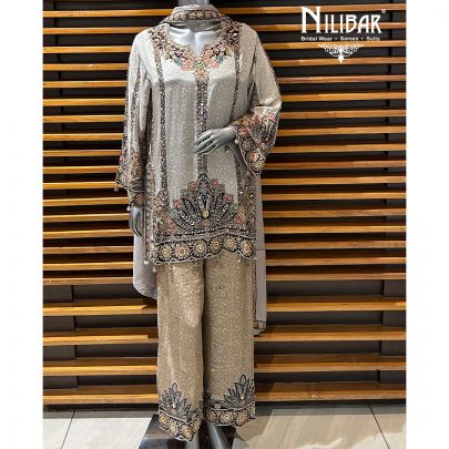 Gray Crepe Printed Palazzo Suit Set