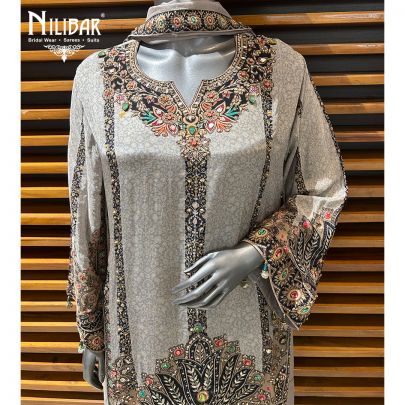 Gray Crepe Printed Palazzo Suit Set