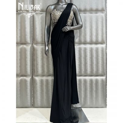 Black Saree Paired With Net Blouse and Lycra Drape