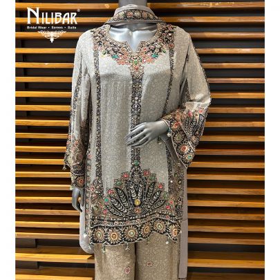 Gray Crepe Printed Palazzo Suit Set