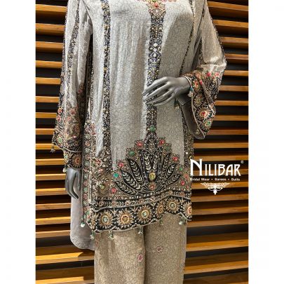 Gray Crepe Printed Palazzo Suit Set