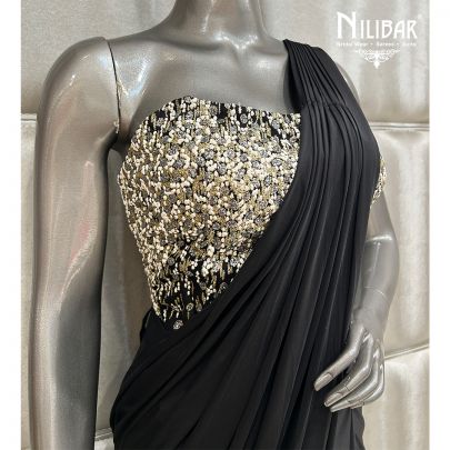 Black Saree Paired With Net Blouse and Lycra Drape