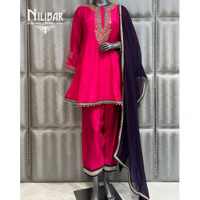 Rani Pink Silk Short Anarkali With Salwar