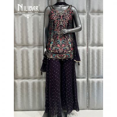 Deep Purple Flared Palazzo Paired With Silk Top and Organza Bottom
