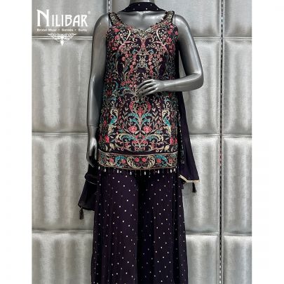 Deep Purple Flared Palazzo Paired With Silk Top and Organza Bottom