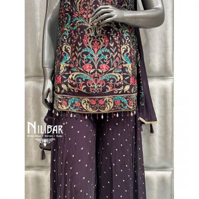 Deep Purple Flared Palazzo Paired With Silk Top and Organza Bottom