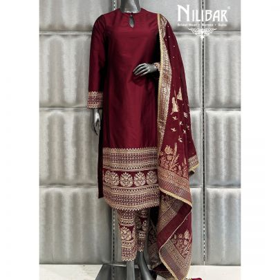 Maroon Silk Pant Suit Paired With Banarasi Dupatta