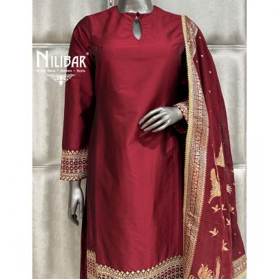 Maroon Silk Pant Suit Paired With Banarasi Dupatta