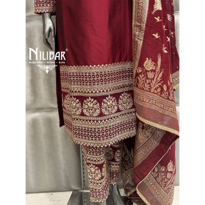 Maroon Silk Pant Suit Paired With Banarasi Dupatta