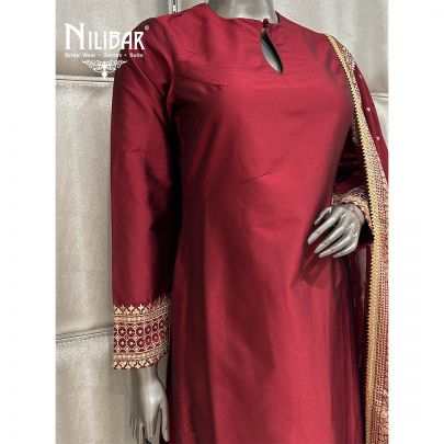 Maroon Silk Pant Suit Paired With Banarasi Dupatta