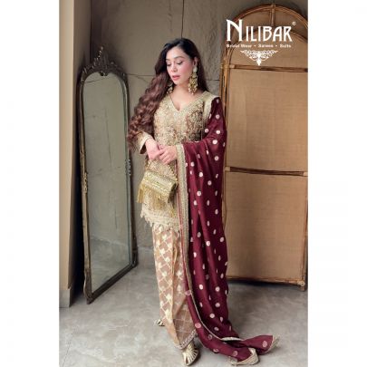 Beige Gold & Maroon Lamé Tissue Top With Organza Bottom Salwar Suit