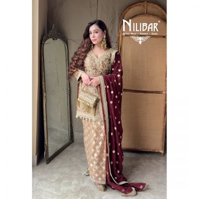 Beige Gold & Maroon Lamé Tissue Top With Organza Bottom Salwar Suit