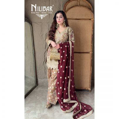 Beige Gold & Maroon Lamé Tissue Top With Organza Bottom Salwar Suit