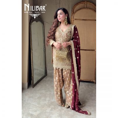 Beige Gold & Maroon Lamé Tissue Top With Organza Bottom Salwar Suit
