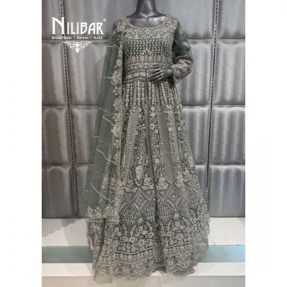Sage Green Net Jacket Style Embroidered Lehenga