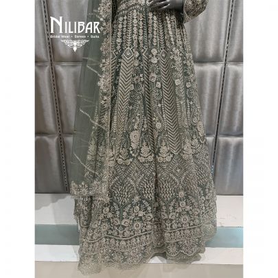 Sage Green Net Jacket Style Embroidered Lehenga