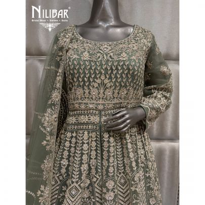 Sage Green Net Jacket Style Embroidered Lehenga