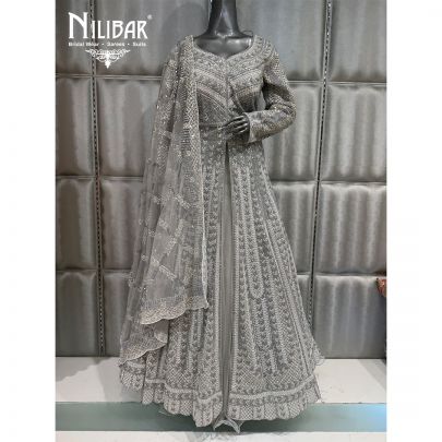 Grey Net Jacket Style Embroidered Lehenga