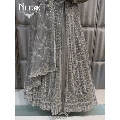 Grey Net Jacket Style Embroidered Lehenga