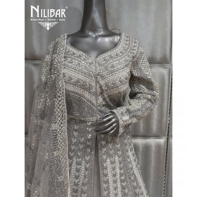 Grey Net Jacket Style Embroidered Lehenga