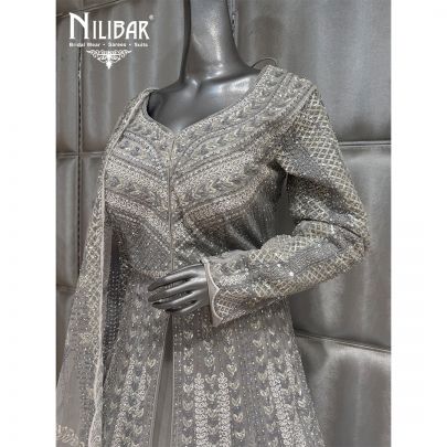 Grey Net Jacket Style Embroidered Lehenga
