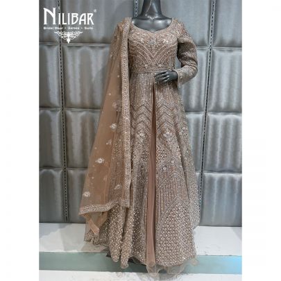 Light Brown Net Jacket Style Embroidered Lehenga