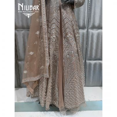 Light Brown Net Jacket Style Embroidered Lehenga