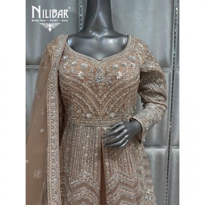 Light Brown Net Jacket Style Embroidered Lehenga