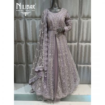 Purple Net Jacket Style Embroidered Lehenga